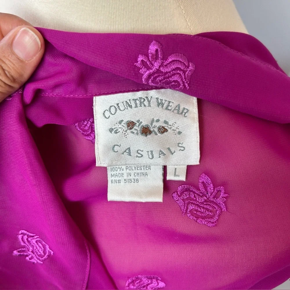 VTG Country Wear Casuals LG Pink Sheer Top Floral Embroidered Y2K Spring Roses